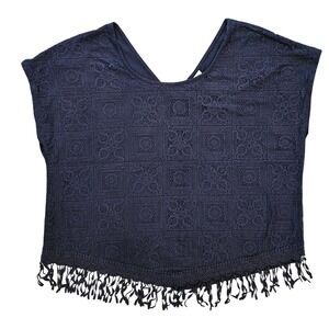 Cato Navy Blue Lace Fringe Hem Boho Top XL Short Sleeve V-Neck Geometric Overlay